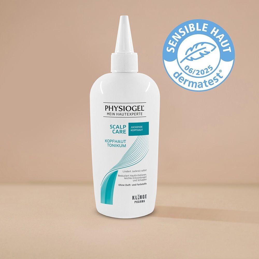 Weiße Flasche mit weißem Applikatoraufsatz und Dermatest-Siegel.
