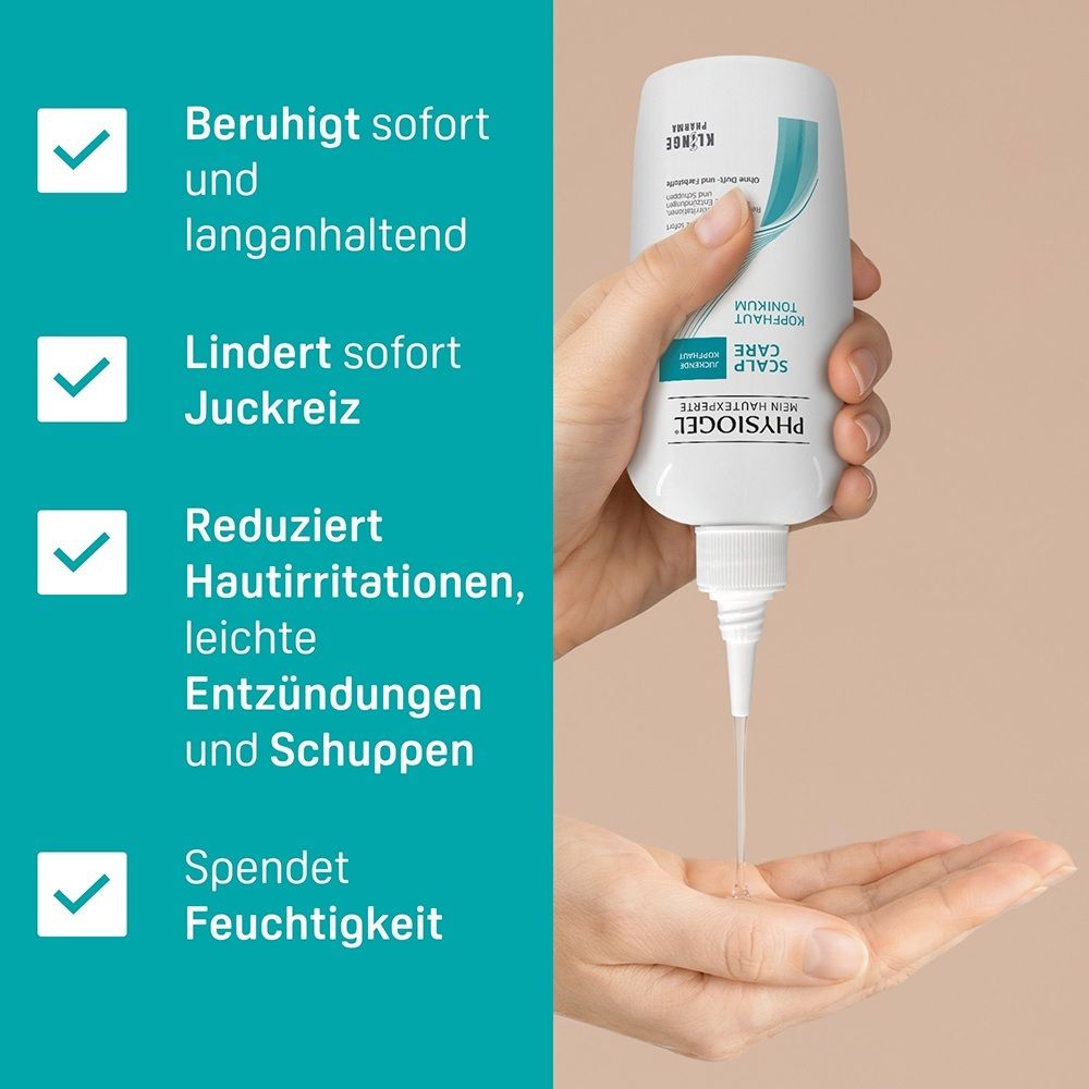 Hand gibt Tonikum aus weißer Flasche in die Handfläche.