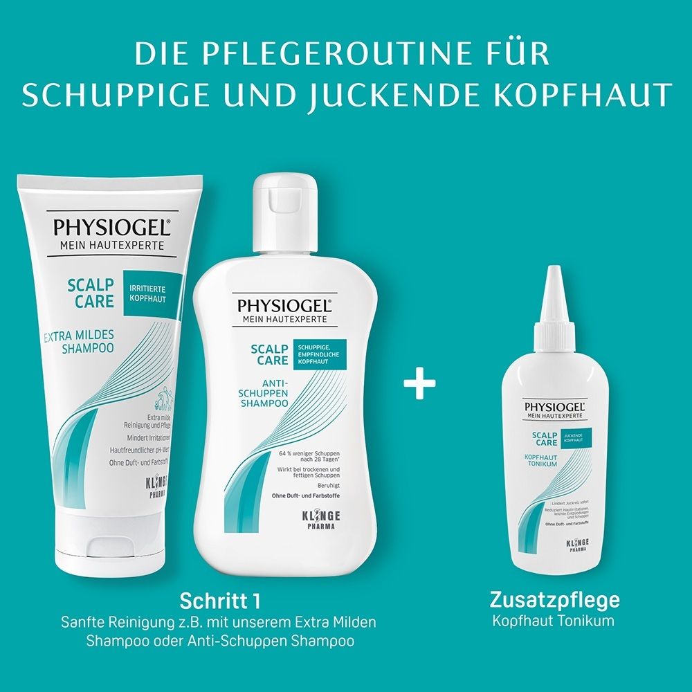 Pflegeprodukte: Shampoo-Flasche, Shampoo-Tube und Kopfhaut Tonikum Flasche.