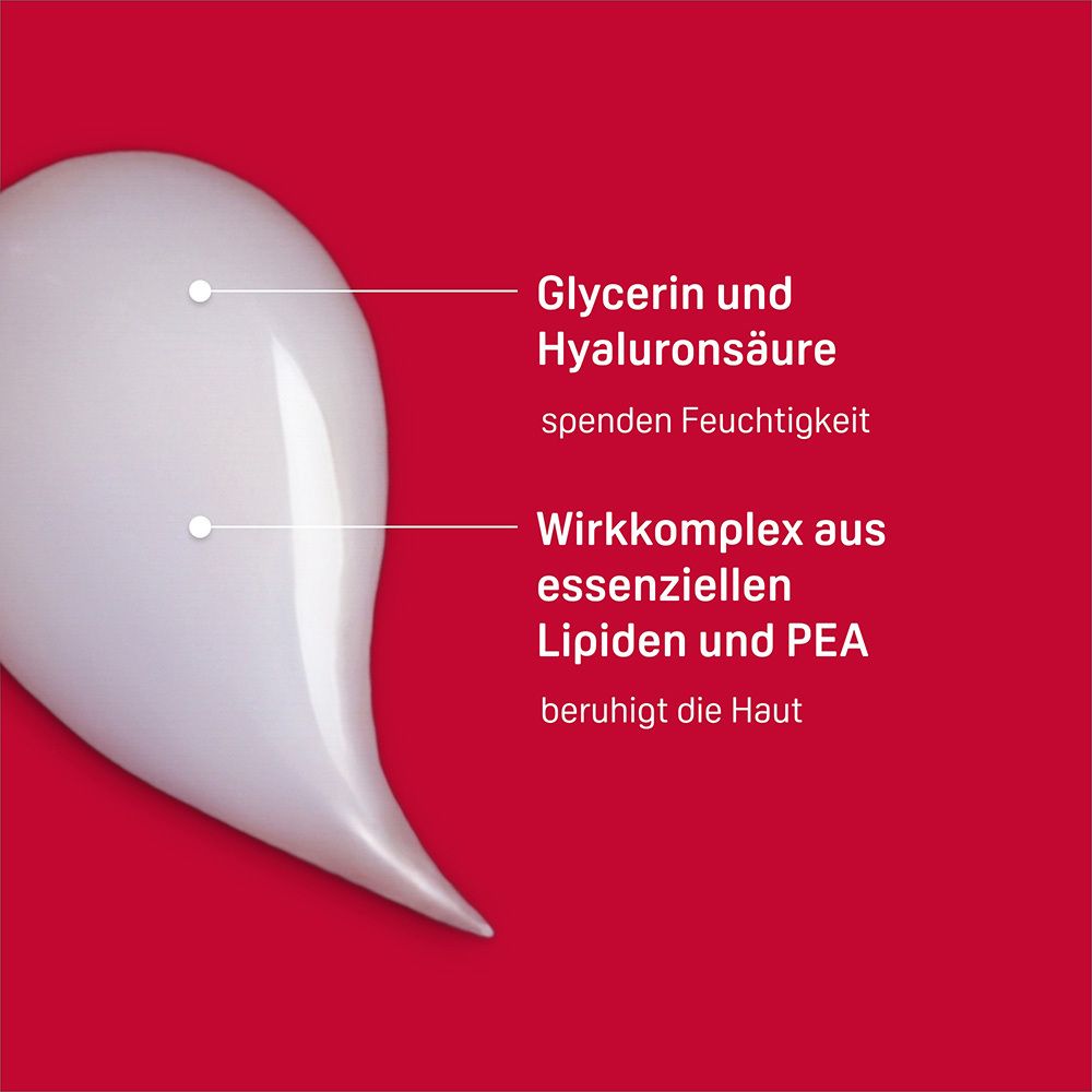 Glycérine, acide hyaluronique et complexe actif de lipides et PEA pour le soin hydratant et apaisant.
