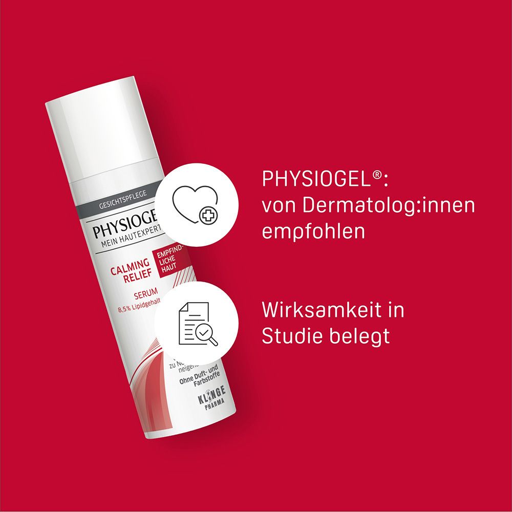 Flacon de sérum PHYSIOGEL® Calming Relief, recommandé par les dermatologues, efficacité prouvée.