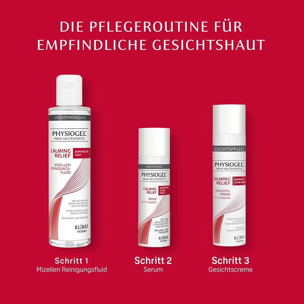 Routine de soins pour peaux sensibles : Fluide nettoyant micellaire, sérum, crème visage.