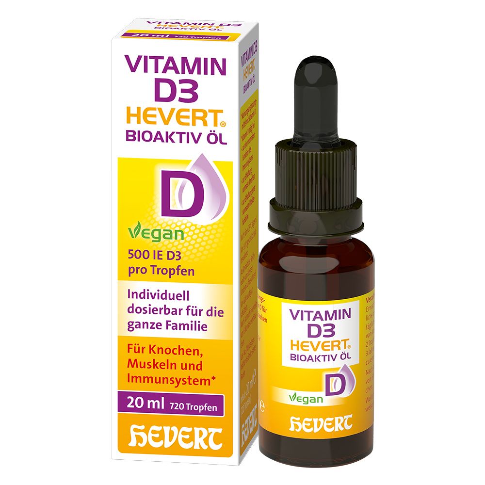 Flacon et emballage de Vitamin D3 Hevert Bioaktiv Öl. Flacon compte-gouttes. Emballage jaune et blanc.