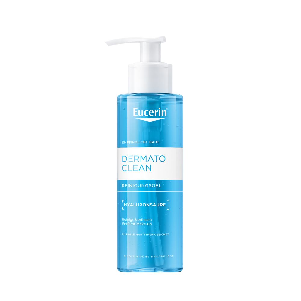 Eucerin DermatoClean Reinigungsgel. Blaue Flasche mit Pumpe. Weißes Etikett mit Text. Marke Eucerin.