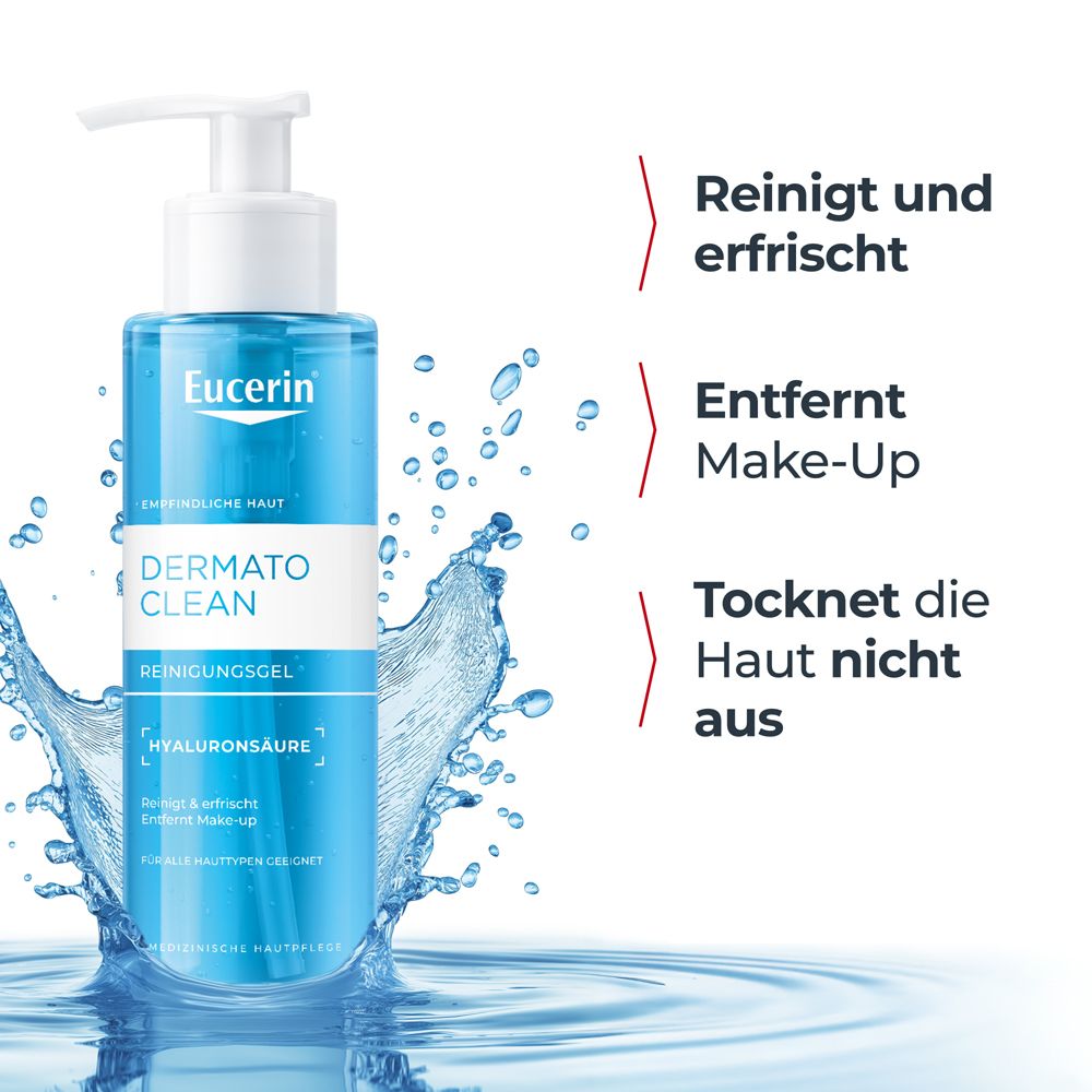 Eucerin DermatoClean Reinigungsgel. Blaue Flasche mit Pumpe. Text: Reinigt, entfernt Make-up. Marke Eucerin.