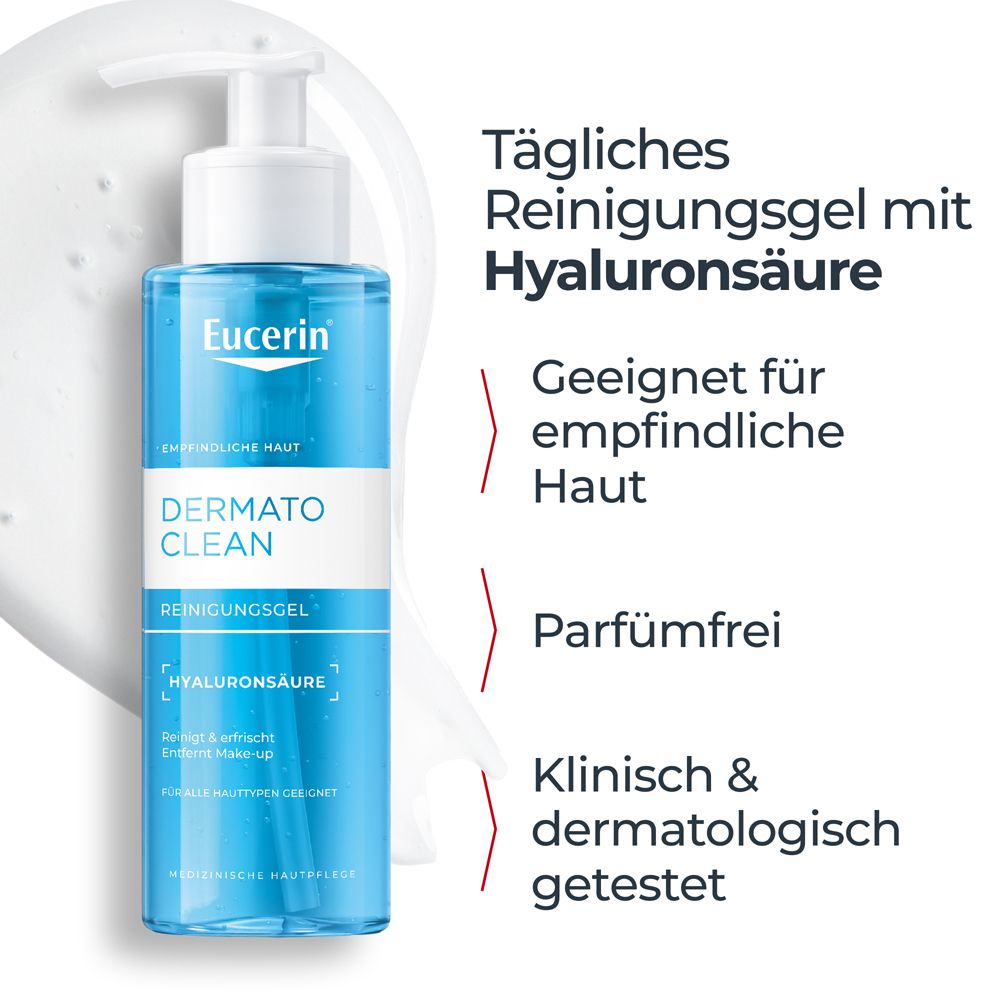 Eucerin DermatoClean Reinigungsgel. Blaue Flasche mit Pumpe. Text: Hyaluronsäure, parfümfrei. Marke Eucerin.