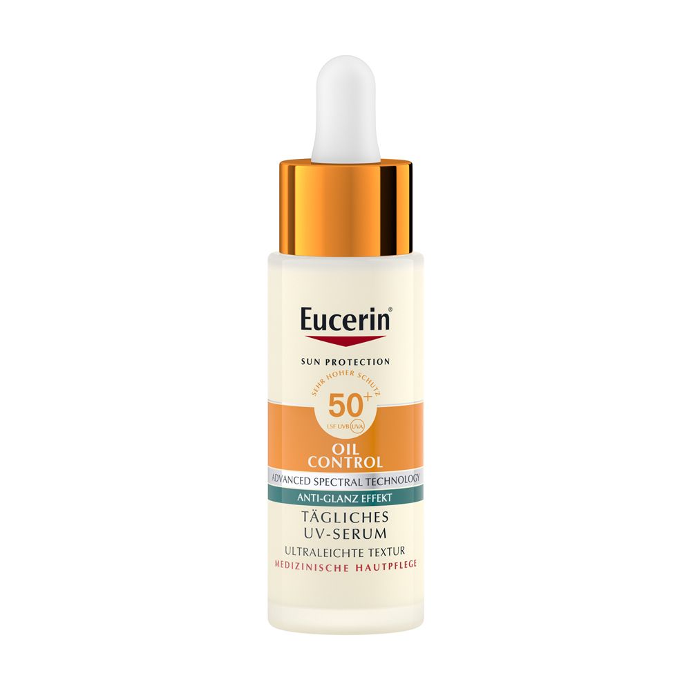 Flacon de sérum UV Eucerin Oil Control LSF 50+ avec pipette. Sérum blanc, bouchon doré, étiquette orange et blanche.