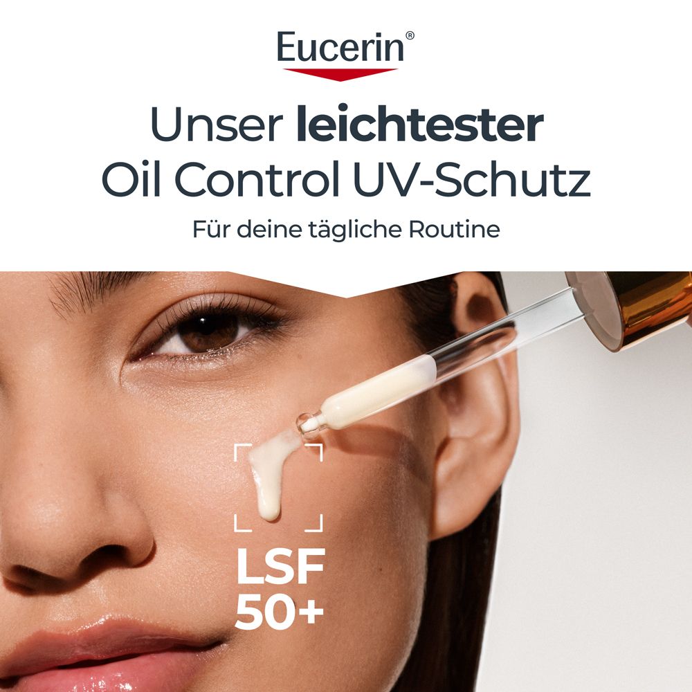 Visage d'une femme appliquant du sérum avec une pipette. Texte : SPF 50+. Logo Eucerin.