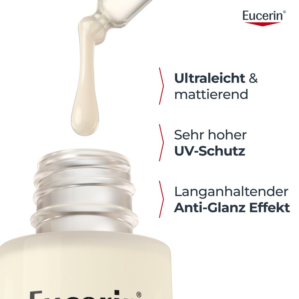 Gros plan sur un flacon de sérum. Texte : Ultraléger & matifiant, Très haute protection UV, Effet anti-brillance. Logo Eucerin.
