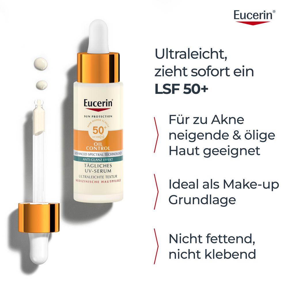 Flacon de sérum avec pipette. Texte : Ultraléger, pénètre immédiatement SPF 50+. Convient aux peaux à tendance acnéique et grasses. Logo Eucerin.