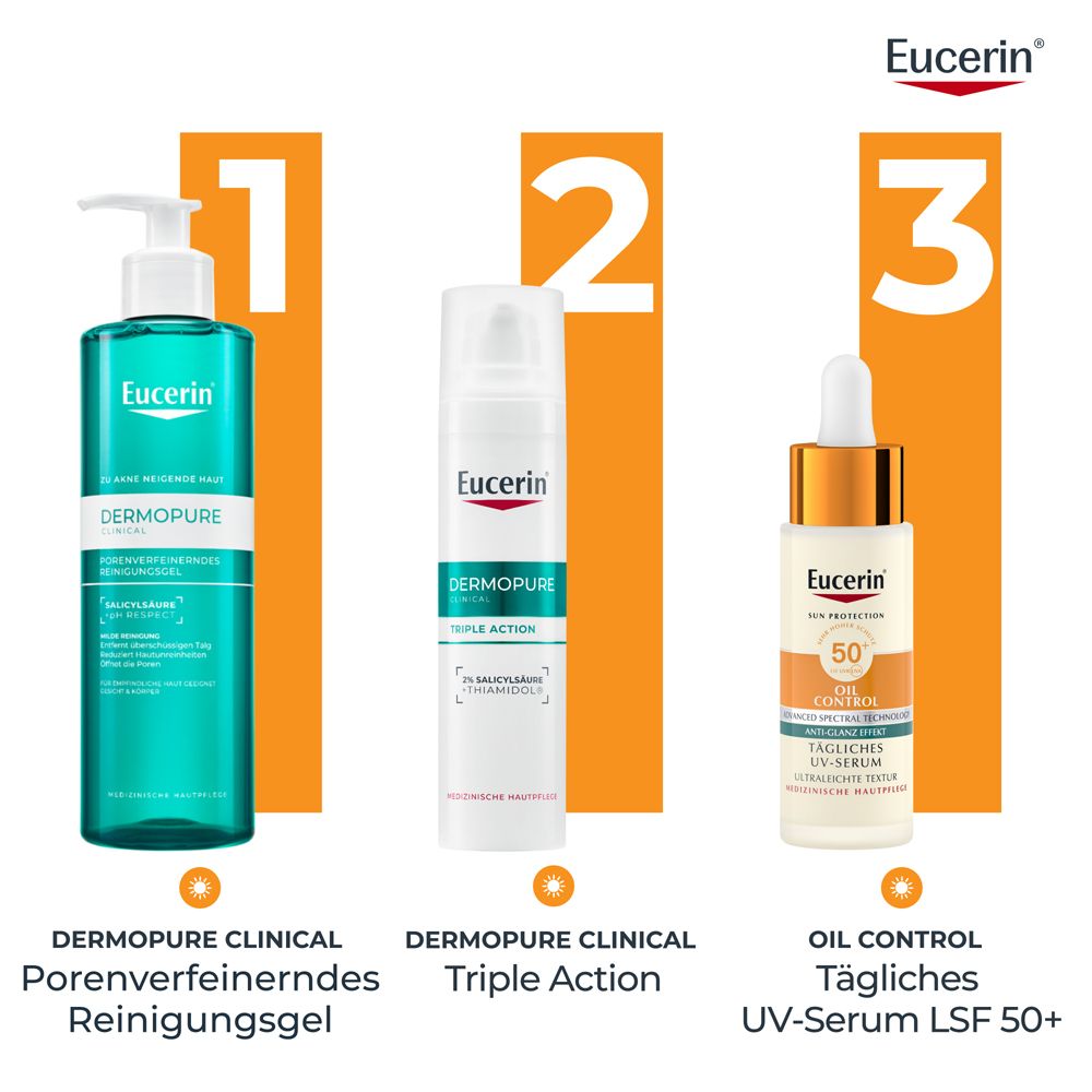 Trois produits côte à côte : gel nettoyant, Triple Action, sérum UV Oil Control SPF 50+. Logo Eucerin.