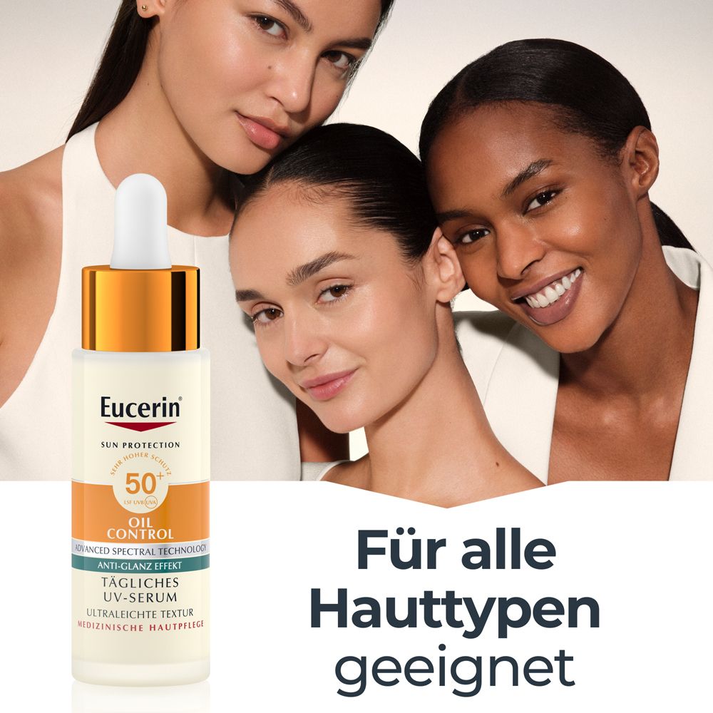 Trois femmes. Flacon de sérum. Texte : Convient à tous les types de peau. Logo Eucerin.