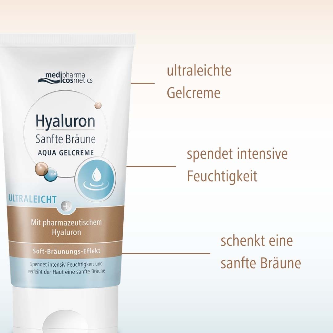 Tube avec nom du produit et logo. Texte: Hyaluron Sanfte Bräune Aqua Gelcreme. Texte supplémentaire: hydrate intensément.