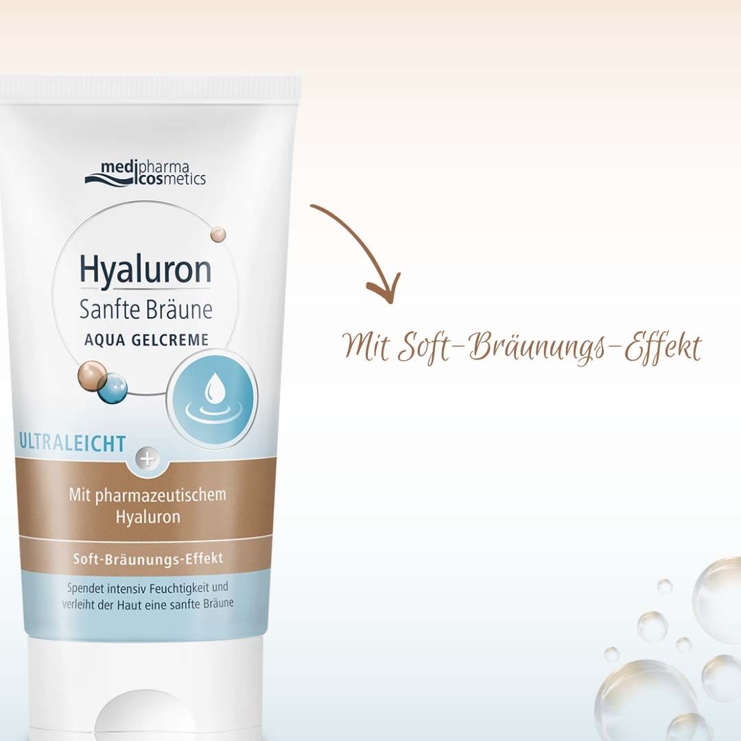 Tube avec nom du produit et logo. Texte: Hyaluron Sanfte Bräune Aqua Gelcreme. Texte: Avec effet bronzant doux.