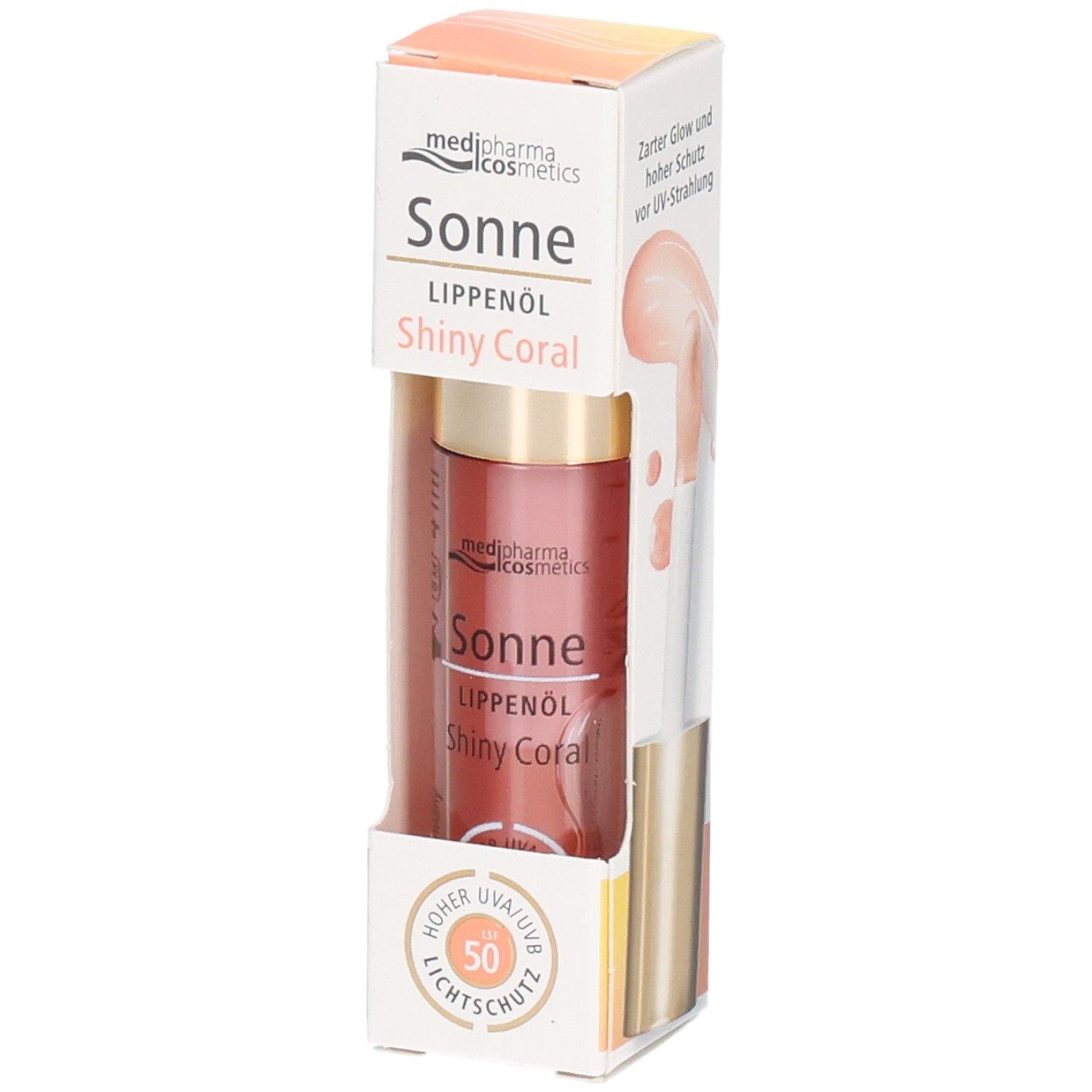 Huile à lèvres dans son emballage. Nom du produit : Sonne Lippenöl Shiny Coral LSF 50. Emballage avec produit et illustration.