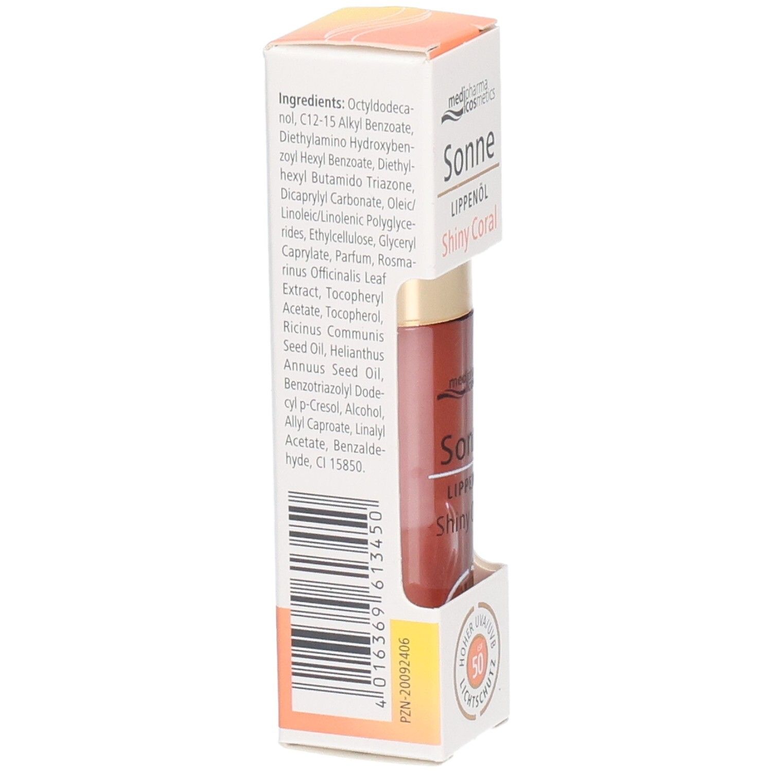 Emballage avec ingrédients et code-barres. Nom du produit : Sonne Lippenöl Shiny Coral. Informations fabricant et code-barres.