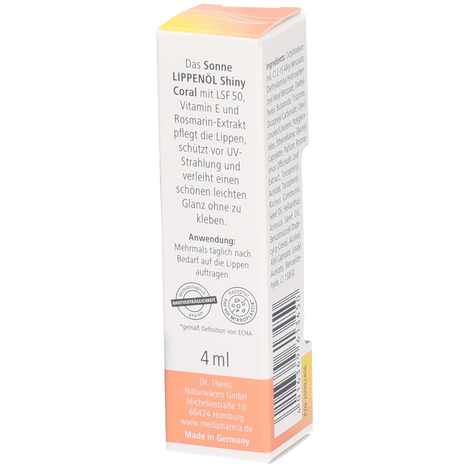Emballage avec informations produit. Nom du produit : Sonne Lippenöl Shiny Coral. Texte sur les propriétés et l'utilisation.