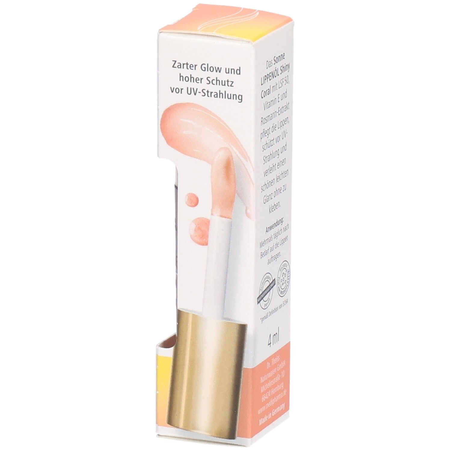 Emballage avec produit et applicateur. Nom du produit : Sonne Lippenöl Shiny Coral. Illustration du produit et applicateur.