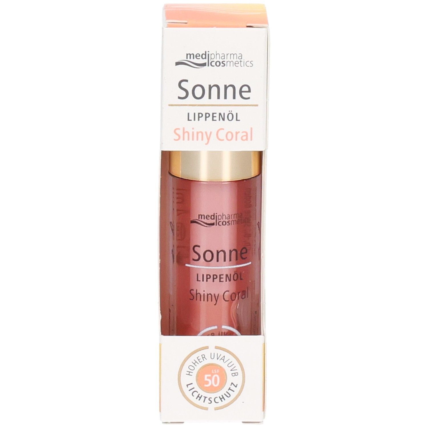 Produit dans son emballage. Nom du produit : Sonne Lippenöl Shiny Coral. Flacon avec bouchon doré et SPF 50.