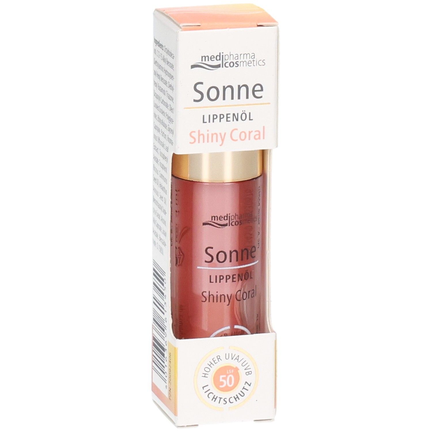 Produit dans son emballage. Nom du produit : Sonne Lippenöl Shiny Coral. Flacon avec bouchon doré et SPF 50.