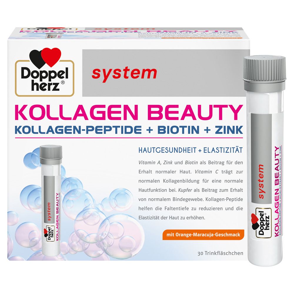 Karton mit Trinkfläschchen. Aufschrift: Kollagen Beauty, Kollagen-Peptide + Biotin + Zink. Mit Orange-Maracuja-Geschmack. 30 Trinkfläschchen.
