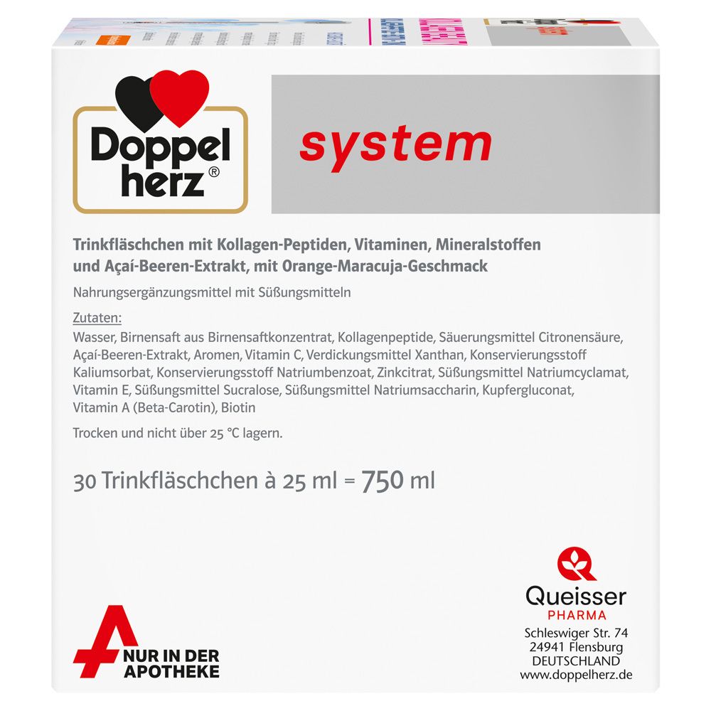 Rückseite der Verpackung. Zutatenliste und Herstellerinformationen. 30 Trinkfläschchen à 25 ml.