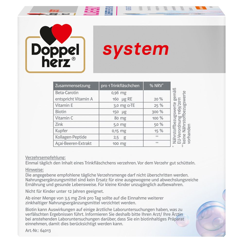Rückseite der Verpackung. Nährwerttabelle mit Angaben pro Trinkfläschchen. Enthält Vitamine, Zink, Kupfer und Kollagen-Peptide.