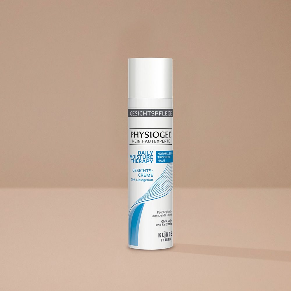 PHYSIOGEL Daily Moisture Therapy crème. Tube blanc, design bleu. Pour peaux normales à sèches.