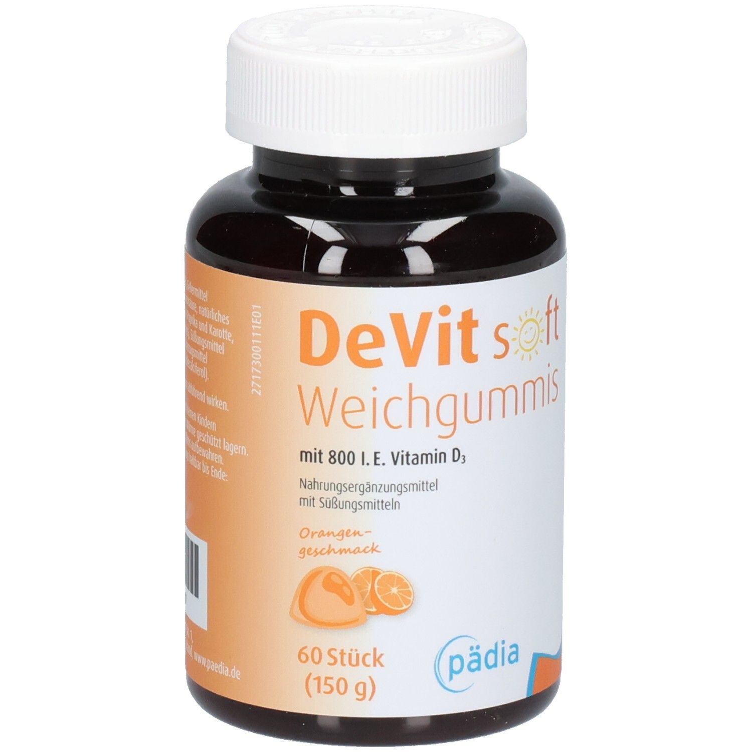 Braune Flasche mit weißen Deckel. Aufschrift: DeVit soft Weichgummis, 60 Stück, 150g. Orangen-Geschmack. Pädia Logo.