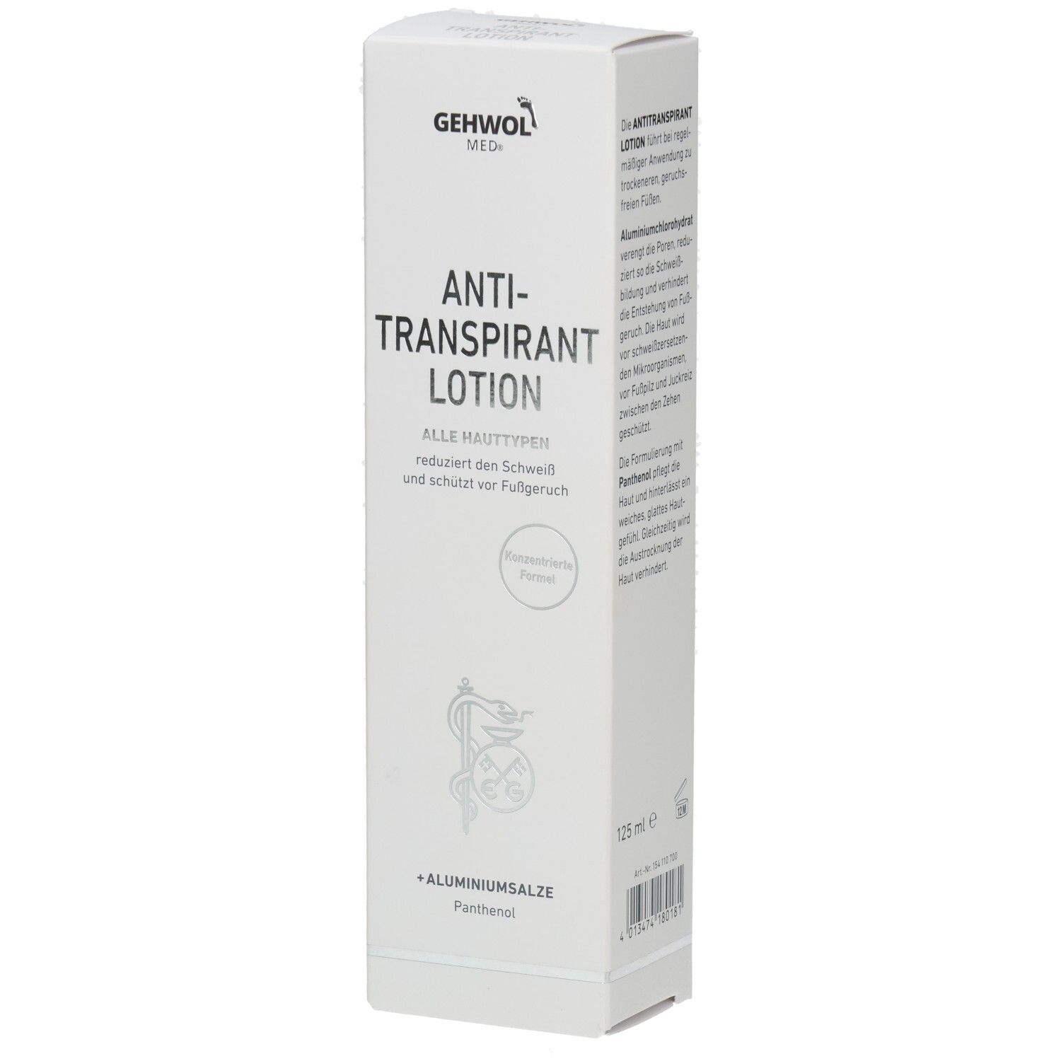 Boîte blanche GEHWOL MED, lotion anti-transpirante. Contient sels d'aluminium et panthénol. Pour tous types de peau.