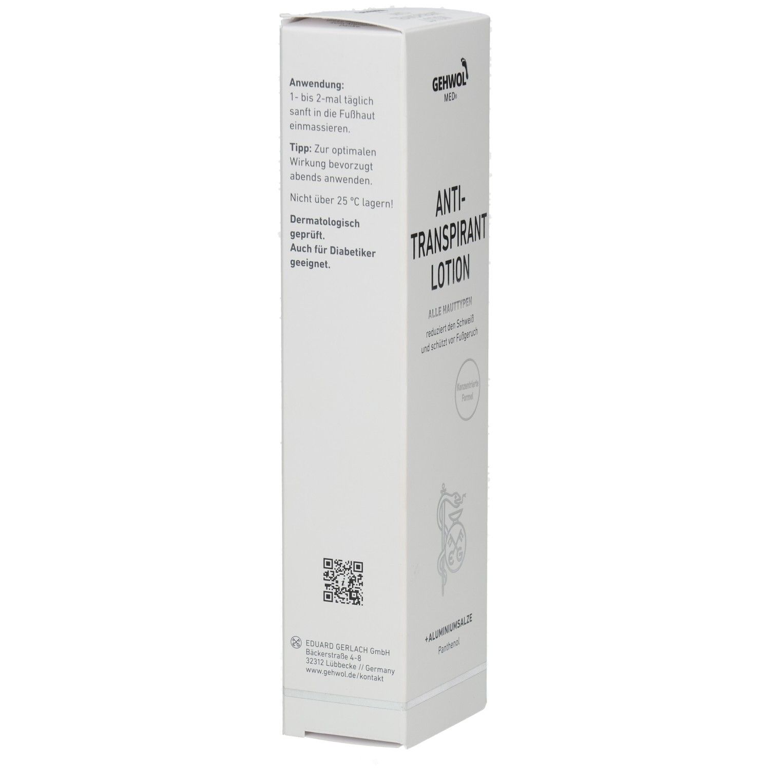 Boîte blanche GEHWOL MED, lotion anti-transpirante. Instructions d'utilisation et code QR. Convient aux diabétiques.