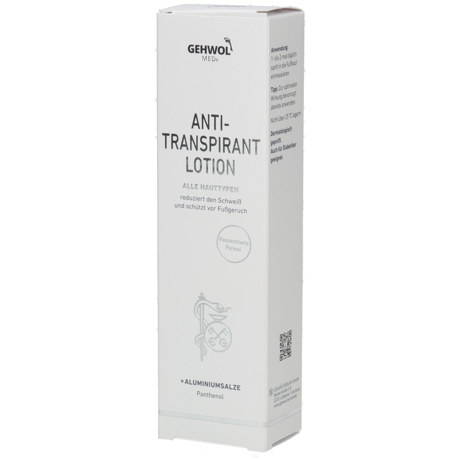 Boîte blanche GEHWOL MED, lotion anti-transpirante. Contient sels d'aluminium et panthénol. Pour tous types de peau.