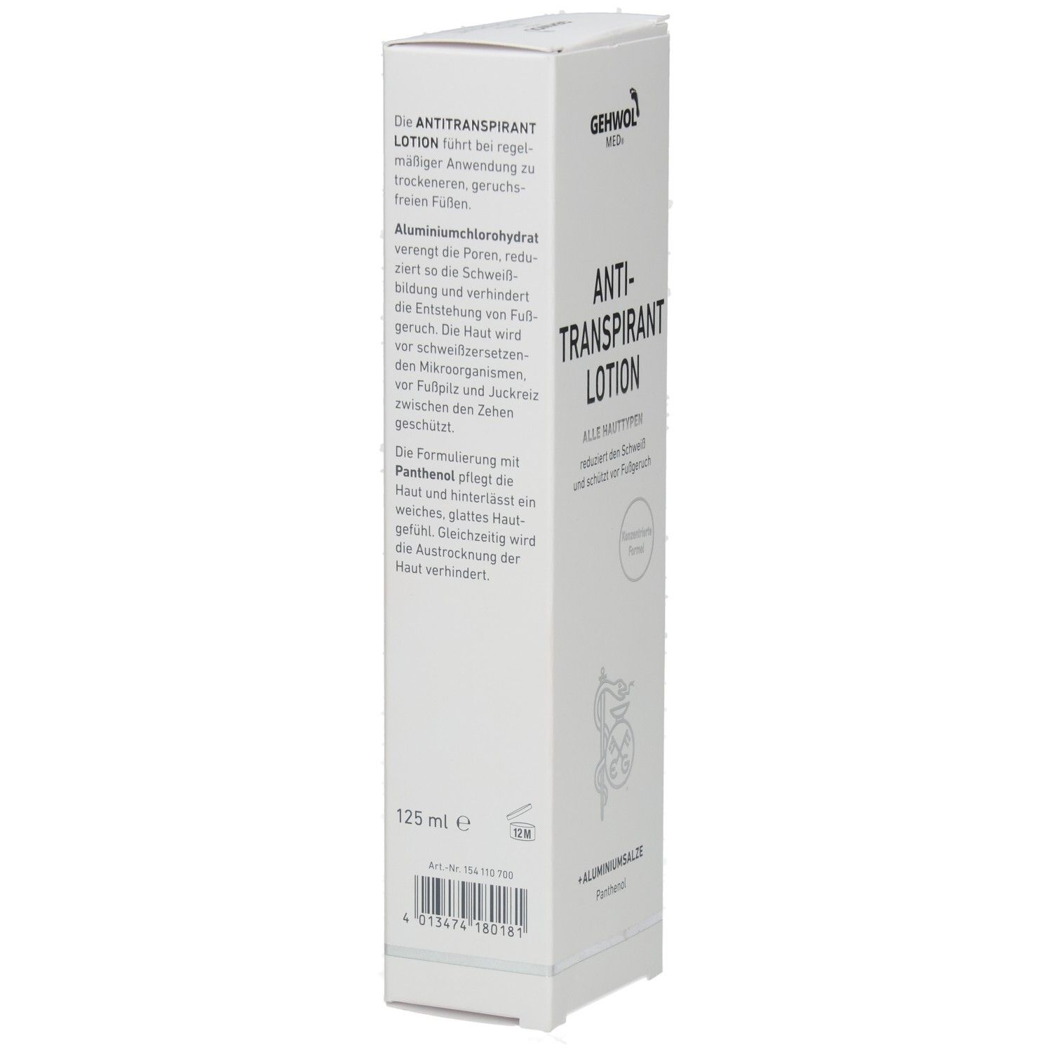 Boîte blanche GEHWOL MED, lotion anti-transpirante. Description des ingrédients et effets. 125 ml.