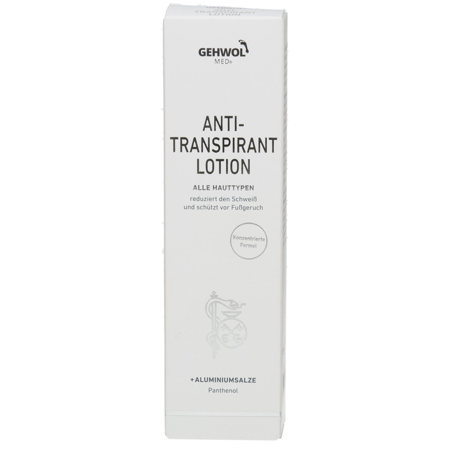 Boîte blanche GEHWOL MED, lotion anti-transpirante. Pour tous types de peau. Contient sels d'aluminium et panthénol.