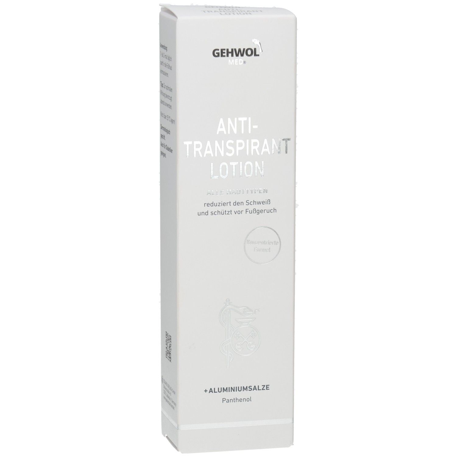 Boîte blanche GEHWOL MED, lotion anti-transpirante. Pour tous types de peau. Contient sels d'aluminium et panthénol.