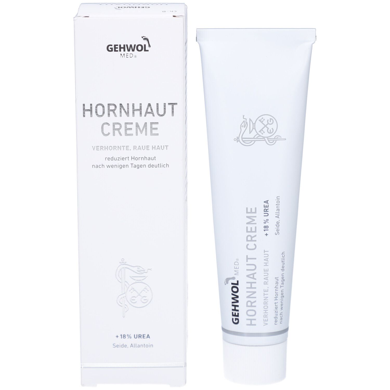 Emballage et tube du produit. Blanc, texte bleu. Gehwol Med Hornhaut Creme.