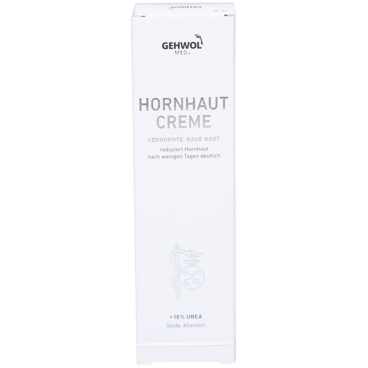 Emballage du produit. Blanc, texte bleu. Gehwol Med Hornhaut Creme. Face avant.