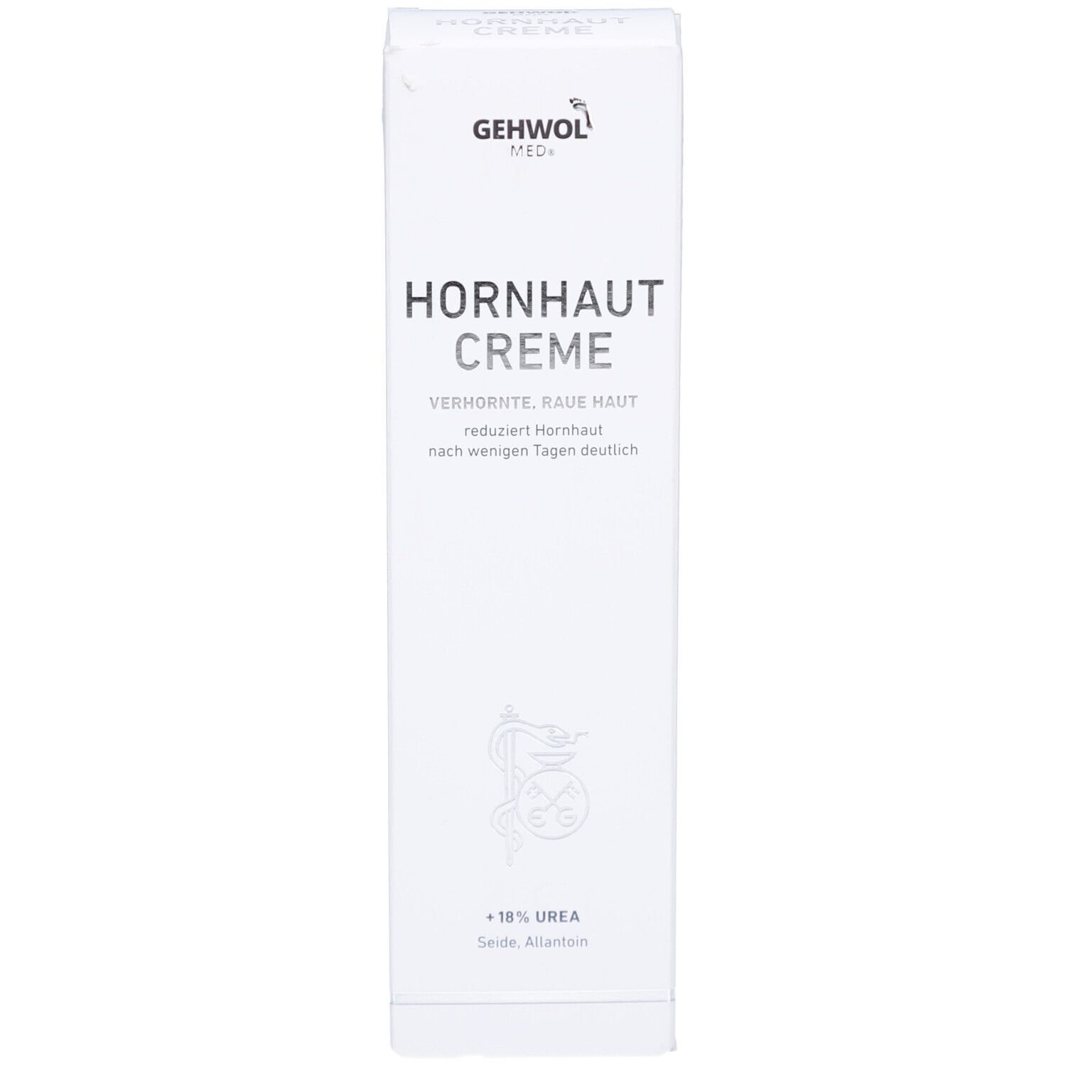 Emballage du produit. Face avant. Blanc, texte bleu. Gehwol Med Hornhaut Creme.