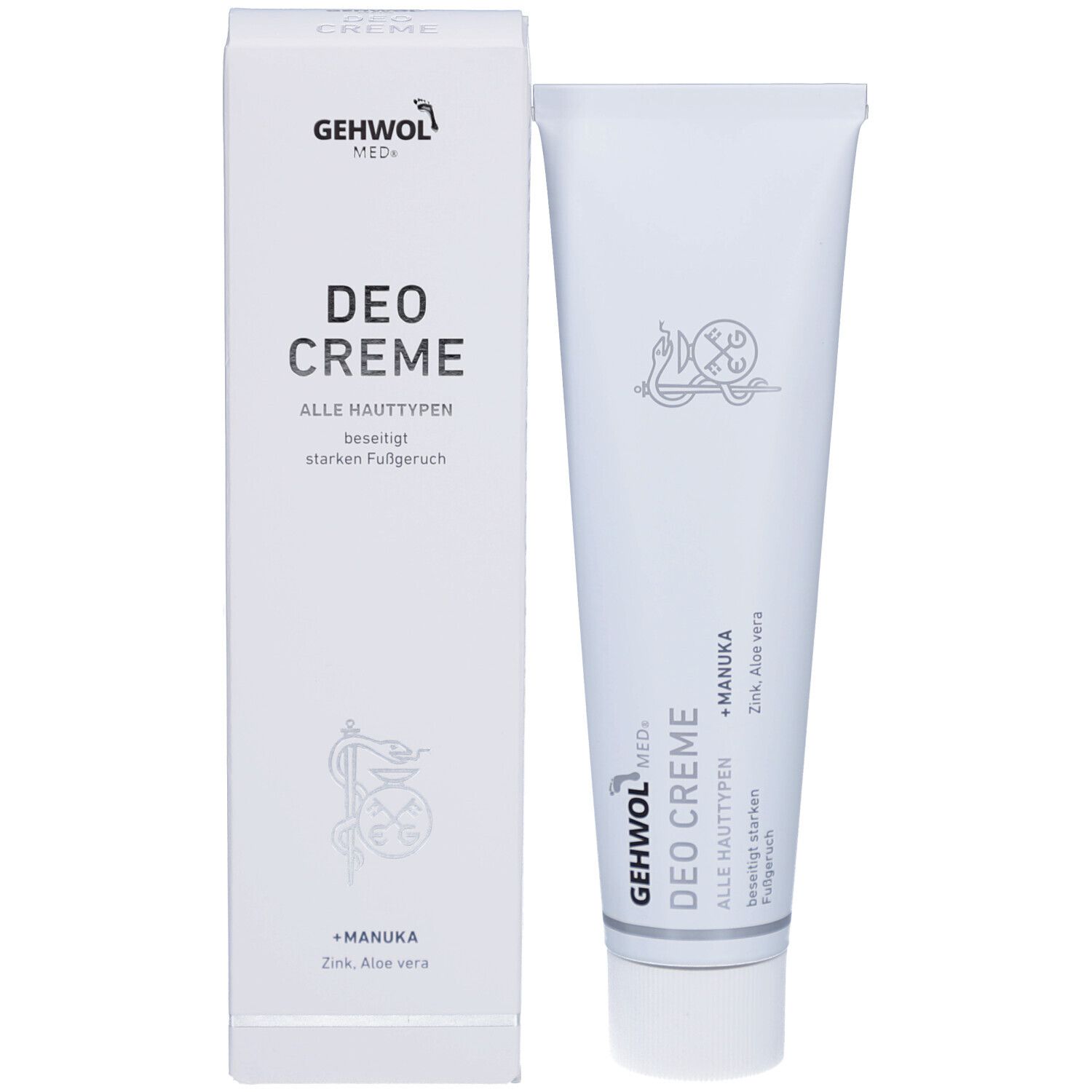 Weiße Tube und Karton. Auf der Tube: GEHWOL MED, DEO CREME, +Manuka, Zink, Aloe vera. Karton: gleicher Text.