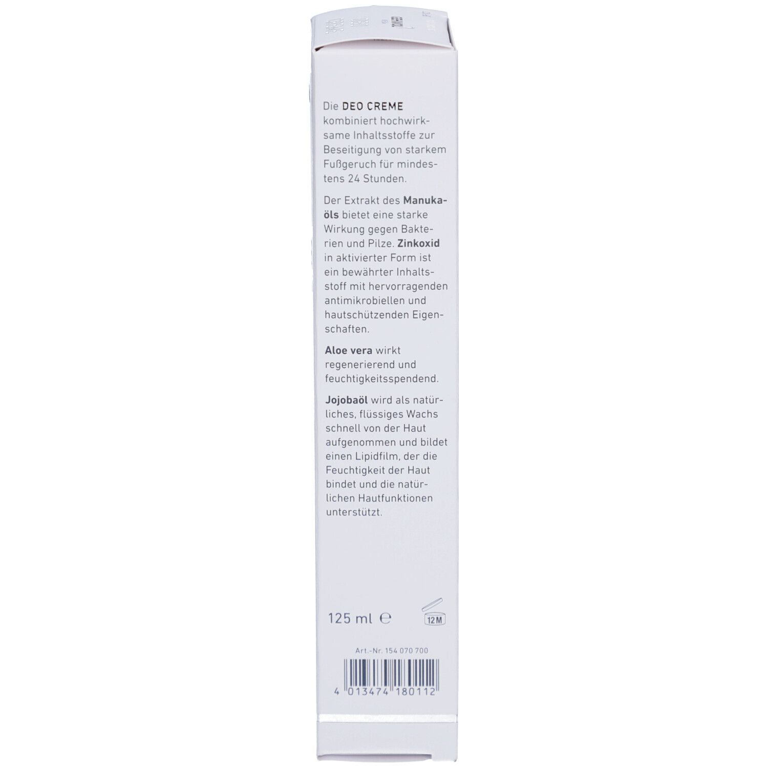 Seite des weißen Kartons. Text in deutscher Sprache. Informationen zu Inhaltsstoffen und Menge: 125 ml.