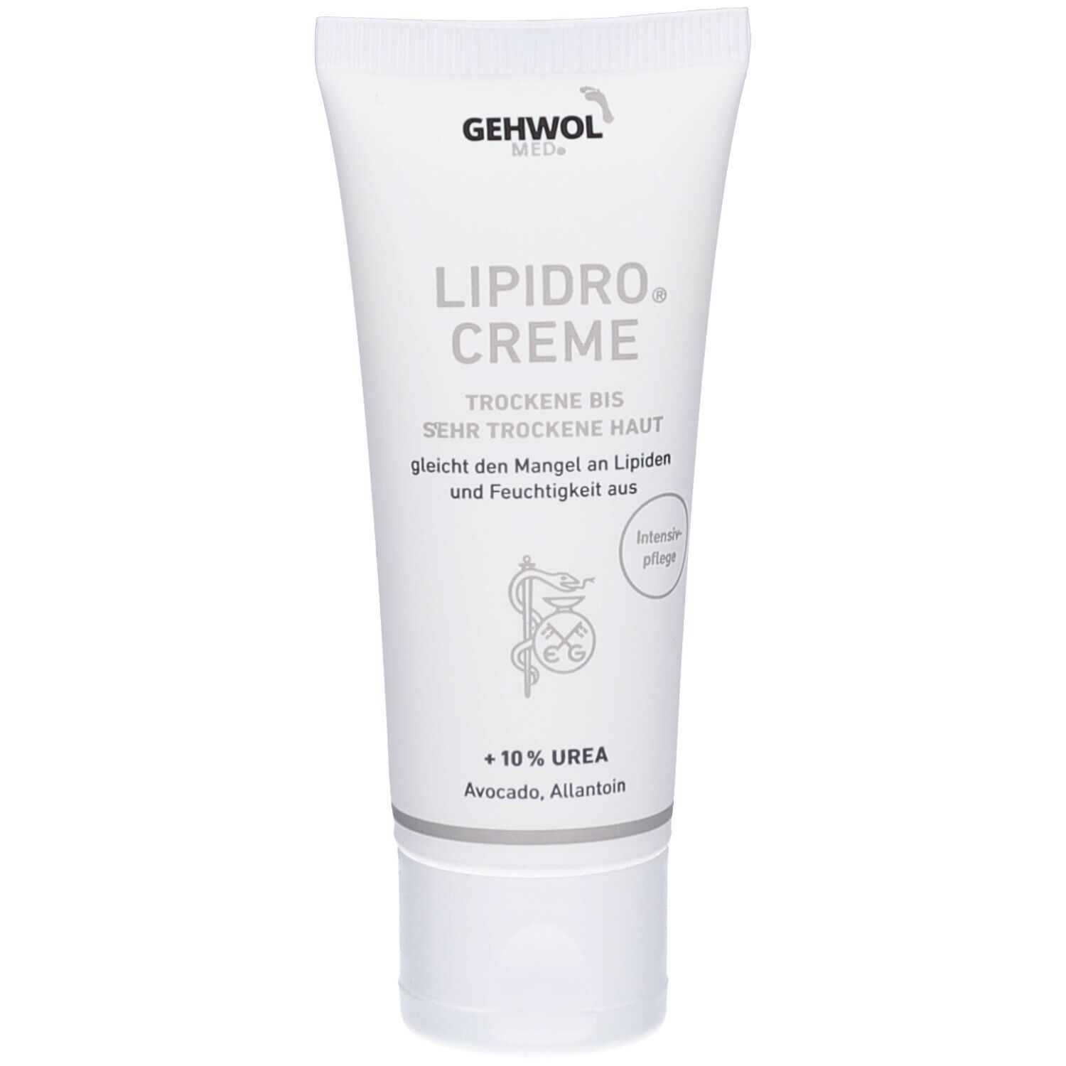 Weiße Tube mit Aufschrift GEHWOL MED Lipidro Creme. Enthält 10% Urea, Avocado und Allantoin. Apotheken-Symbol.