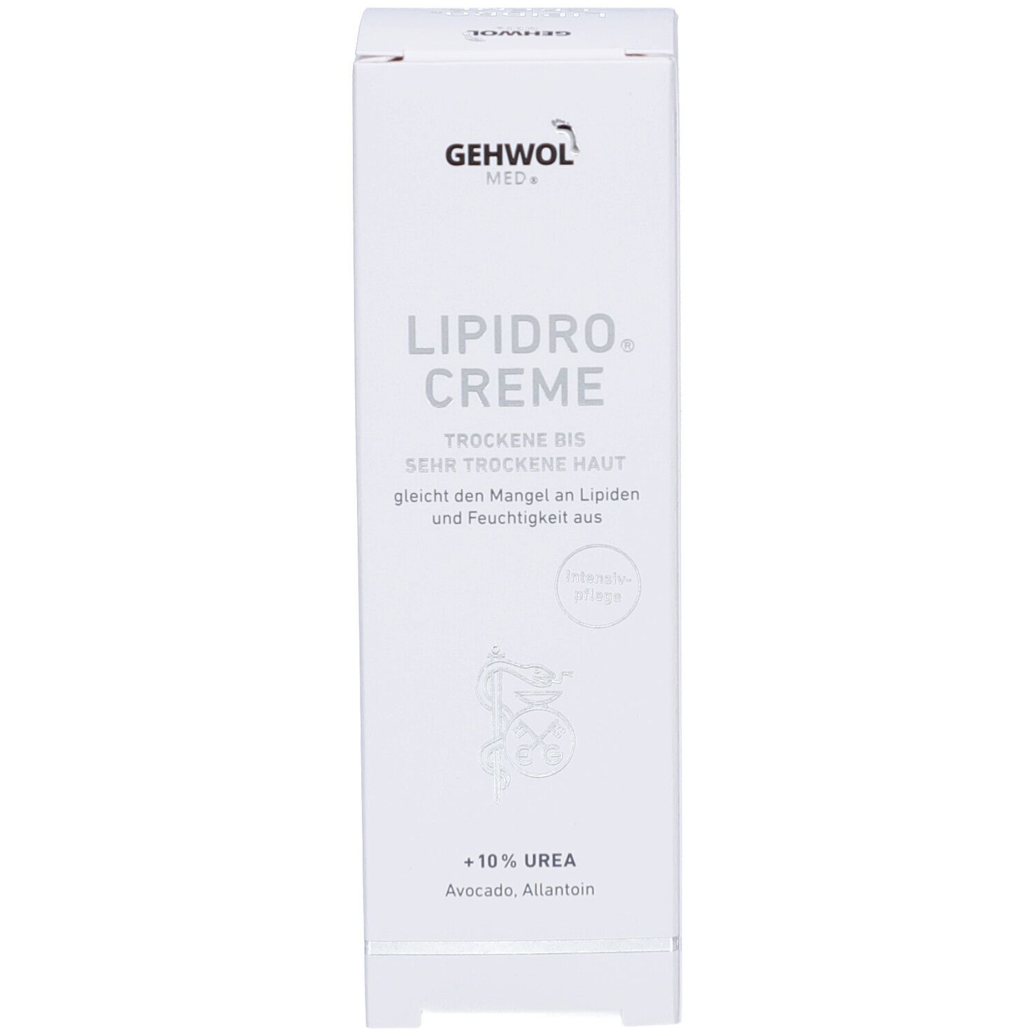 Produktverpackung. Aufschrift GEHWOL MED Lipidro Creme. Enthält 10% Urea. Apotheken-Symbol.