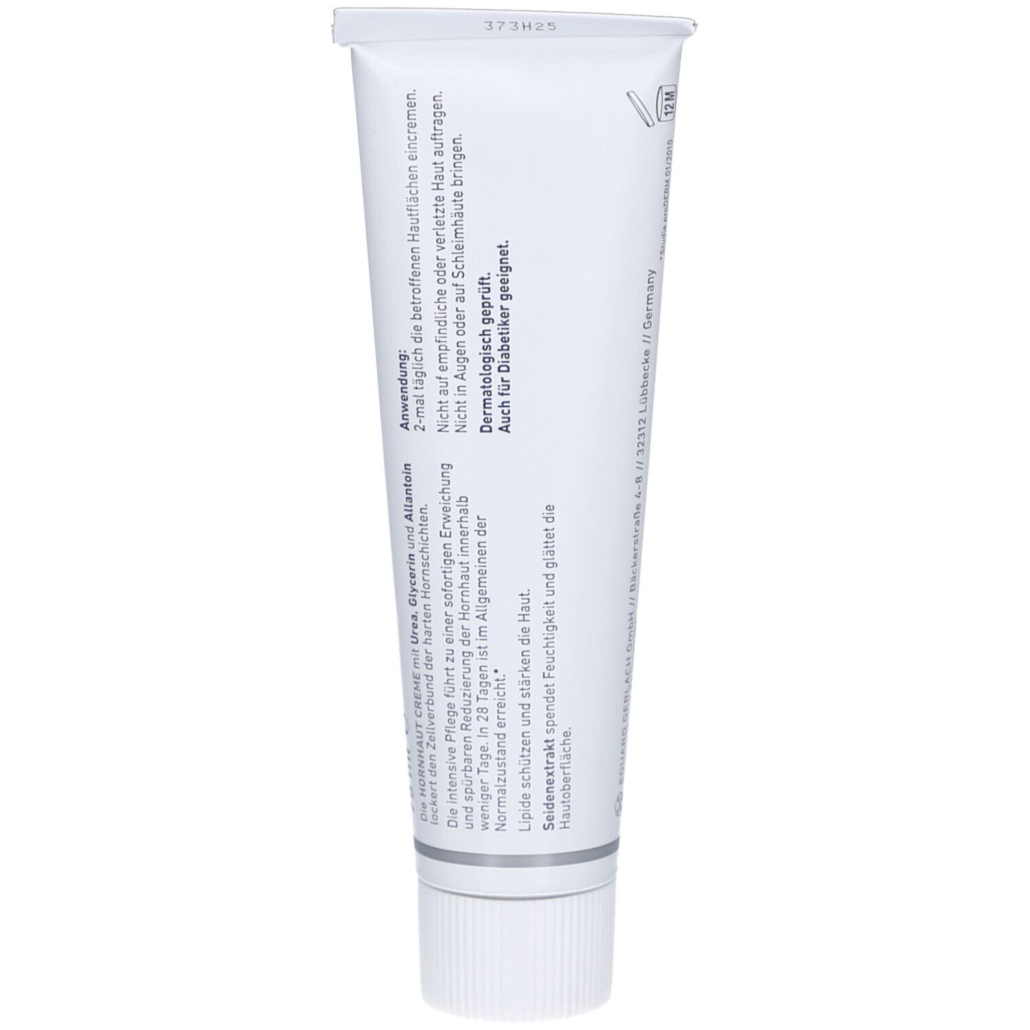 Dos du tube blanc avec texte. Instructions d'utilisation, testé dermatologiquement, convient aux diabétiques.