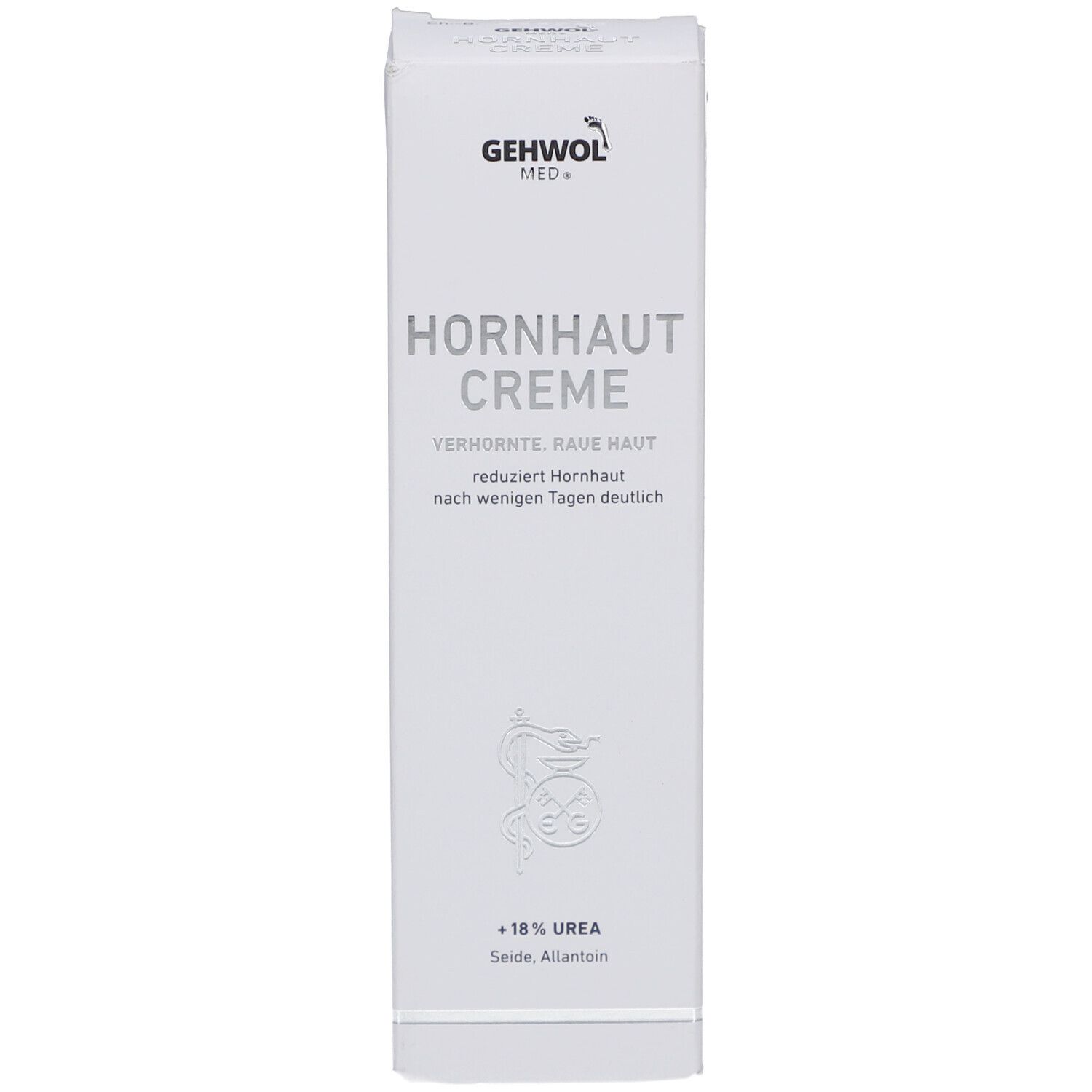 Boîte blanche avec GEHWOL MED Hornhaut Creme. Texte : Hornhaut Creme, +18% Urée, Soie, Allantoïne. Logo.