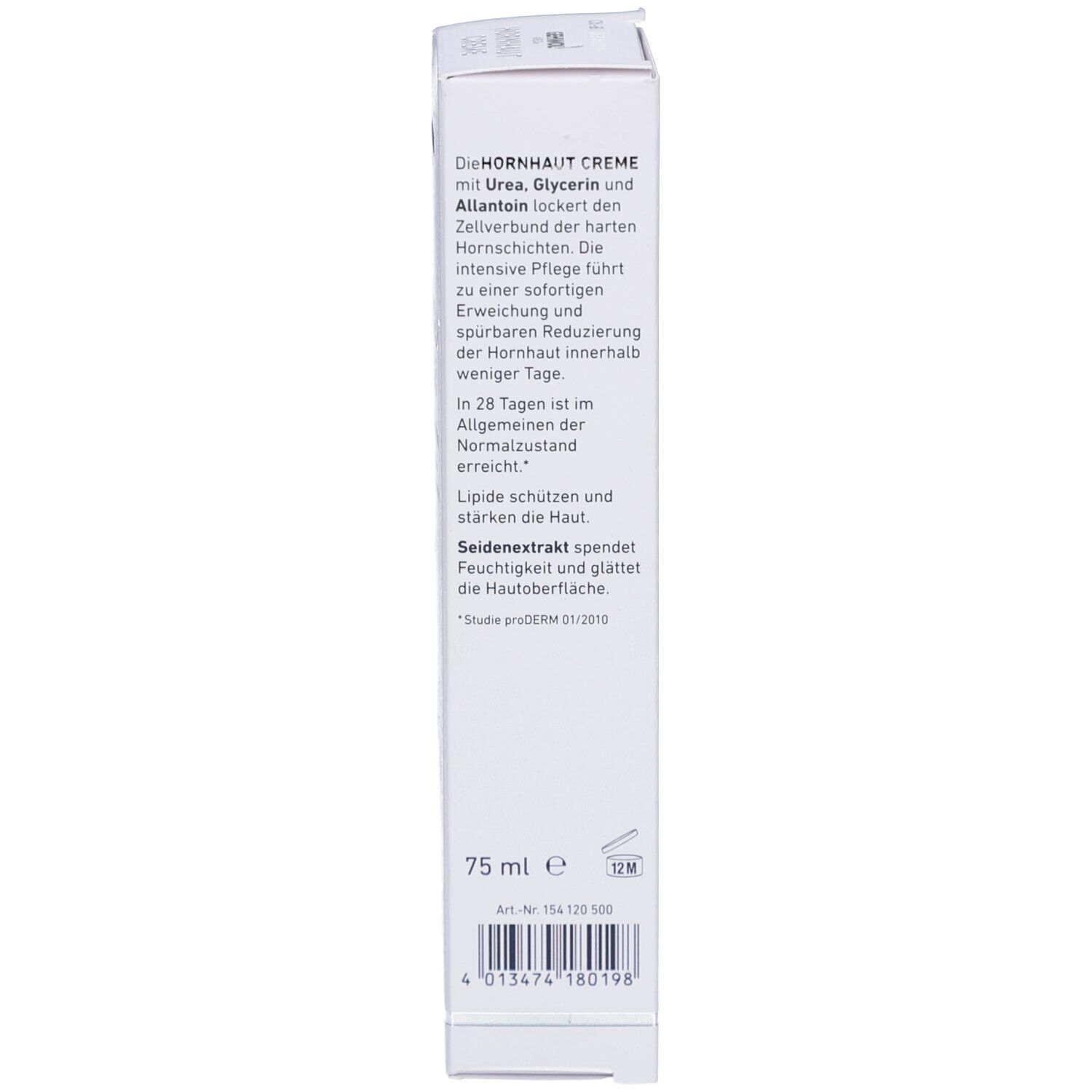 Côté de la boîte avec texte. Ingrédients, 75 ml, numéro d'article, informations du fabricant, code-barres.