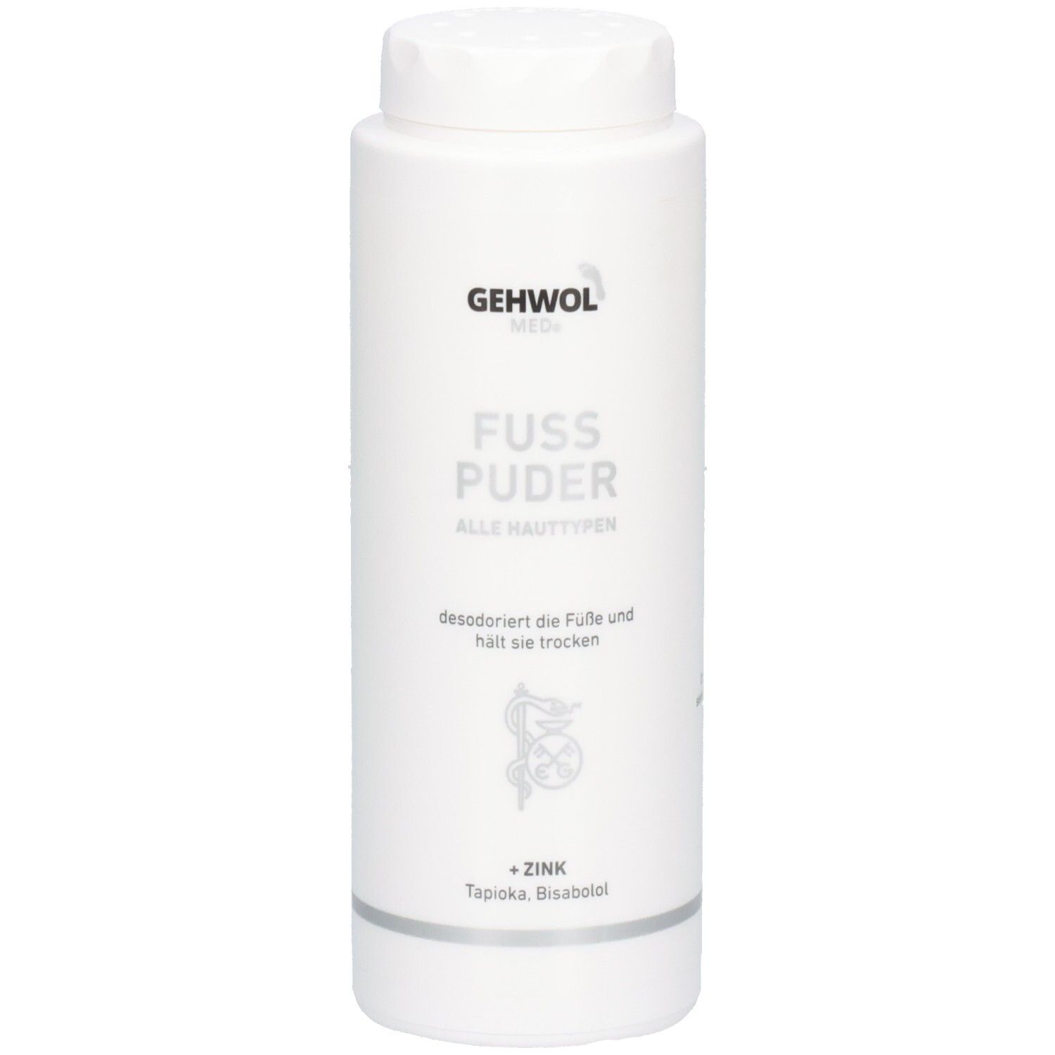 GEHWOL MED Fuß Puder Flasche mit weißem Schraubverschluss. Text: FUSS PUDER, ALLE HAUTTYPEN.