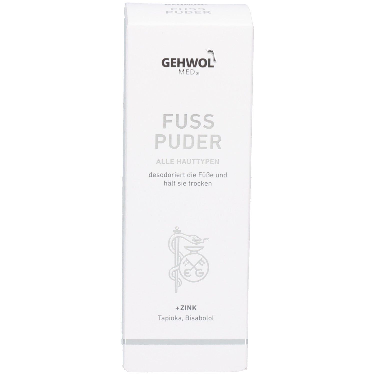 Karton GEHWOL MED Fuß Puder. Text: FUSS PUDER, ALLE HAUTTYPEN, desodoriert die Füße und hält sie trocken.