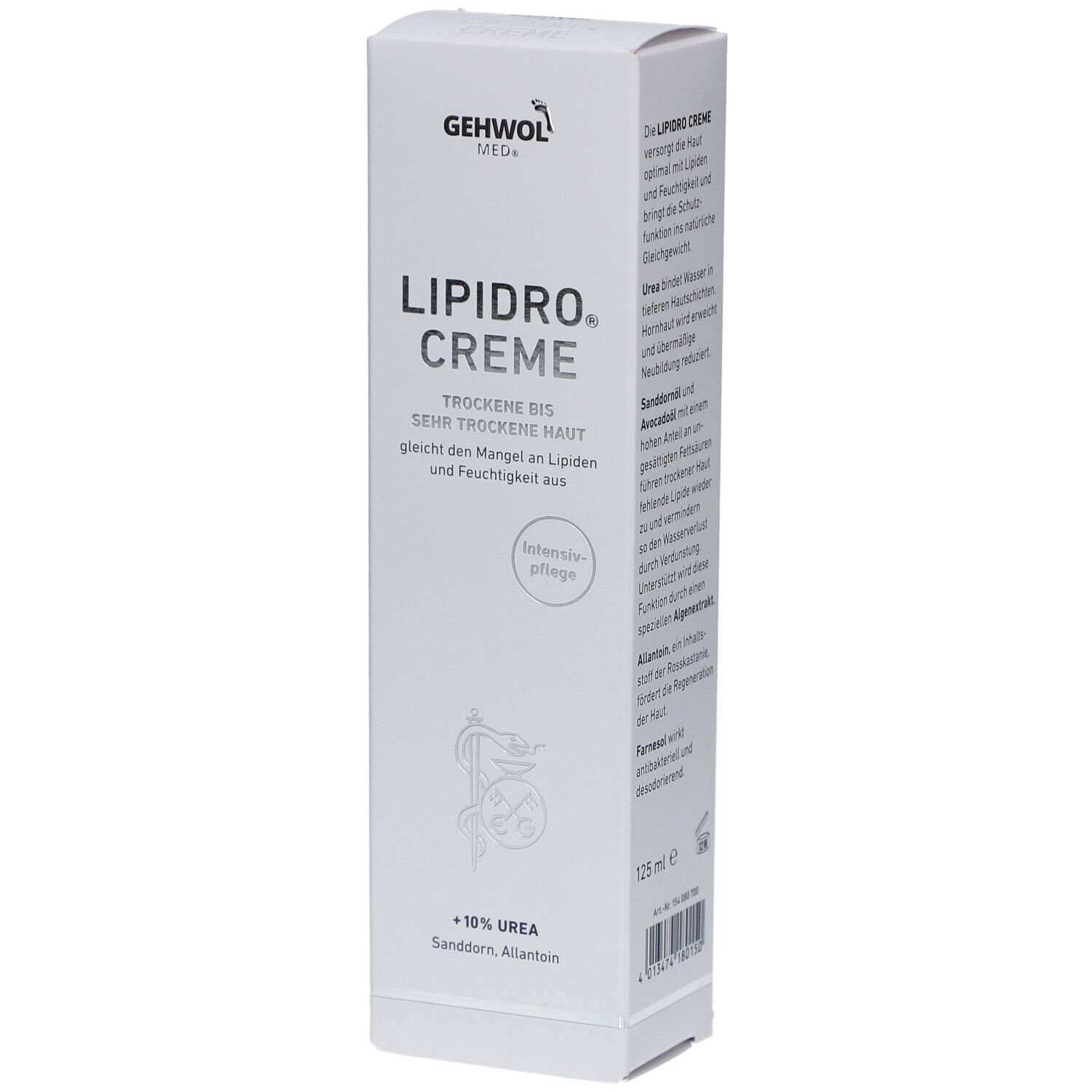 GEHWOL MED Lipidro Creme-Verpackung. Weiße Schachtel mit Produktnamen und Inhaltsangaben. Enthält 10% Urea.