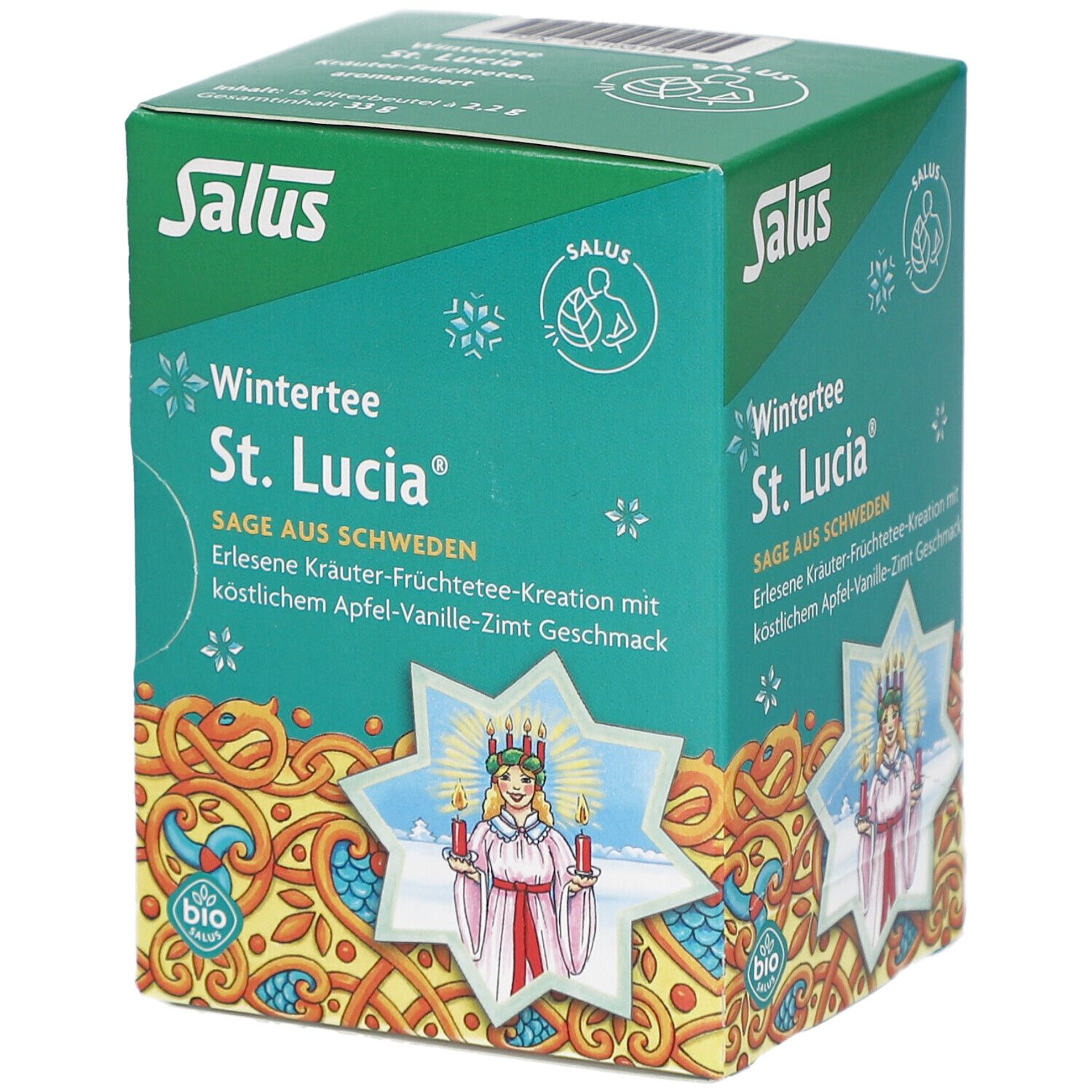 Grüne Kartonverpackung mit Aufschrift "Wintertee St. Lucia". Bio-Siegel. Illustration einer Frau mit Kerzen.
