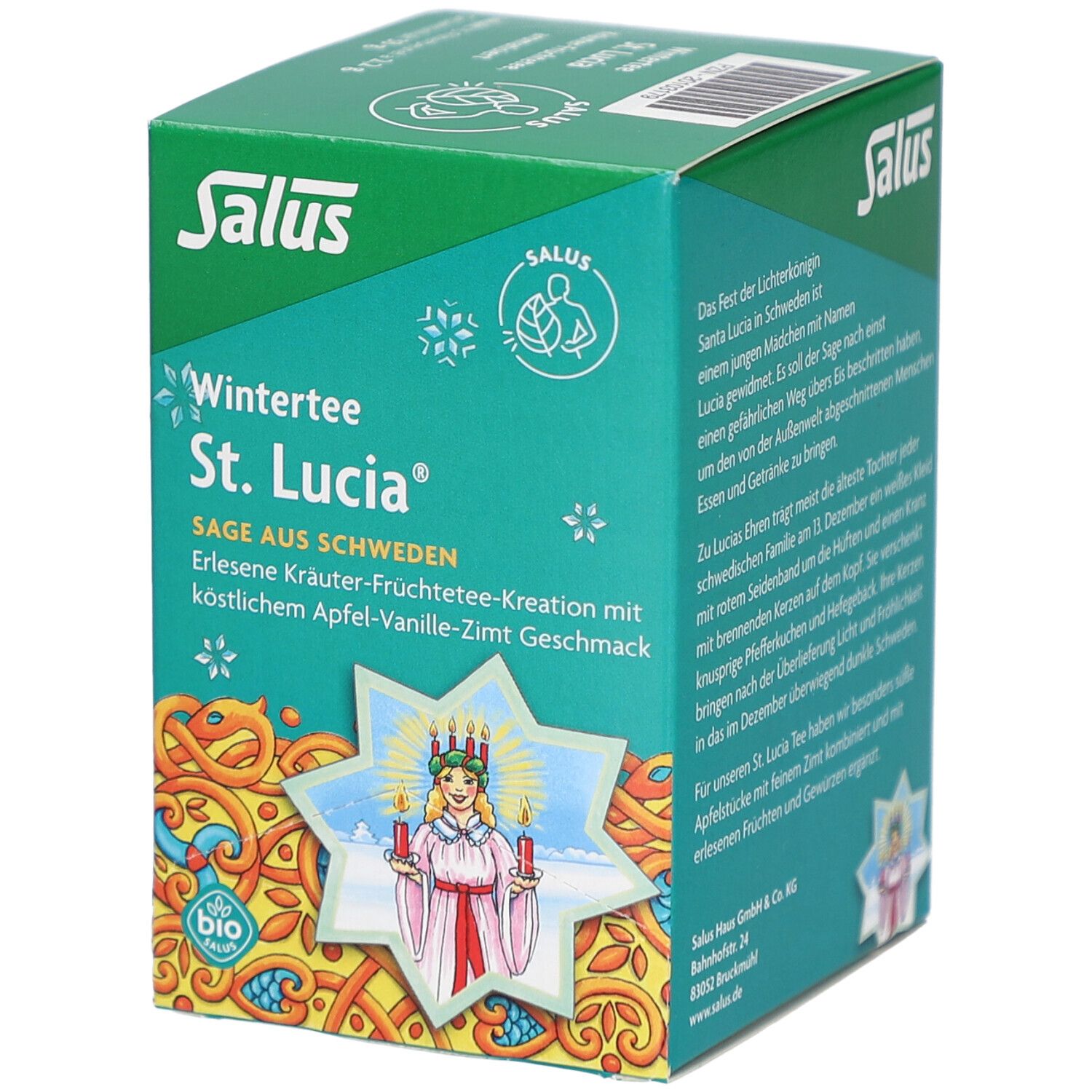 Grüne Kartonverpackung mit "Wintertee St. Lucia". Illustration einer Frau mit Kerzen. Salus Logo.